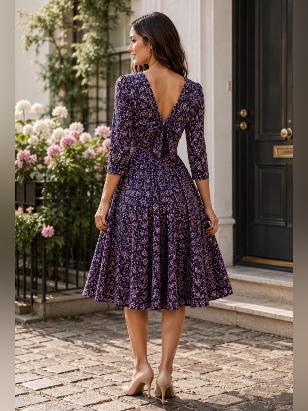 Gal Meets Glam Beth V Back Dress Navy Pink Floral Midi 3/4 Sleeve Size 6 New NWT